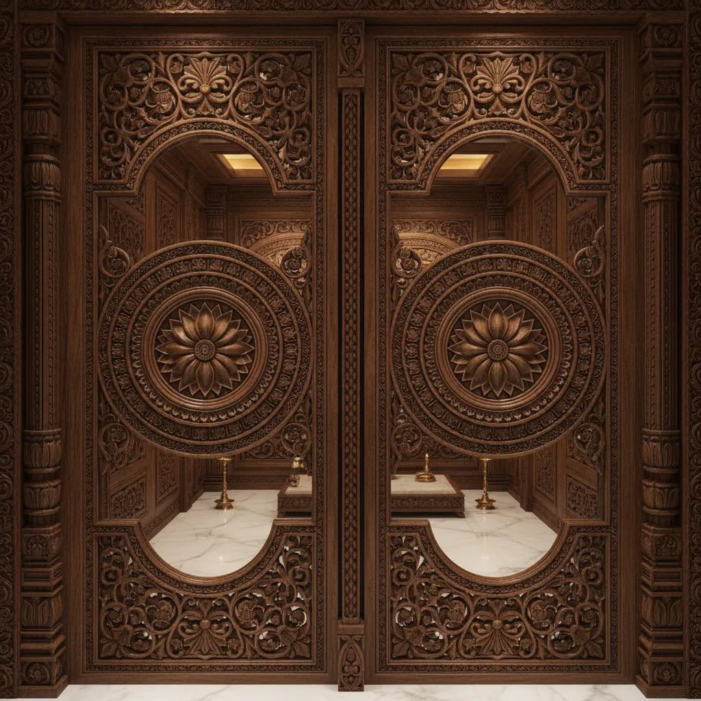 Intricately carved wooden temple style puja room doors