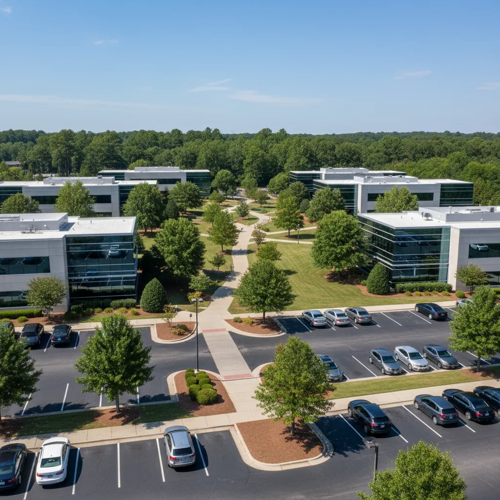 Cary North Carolina office district with modern commercial buildings and landscaped business park