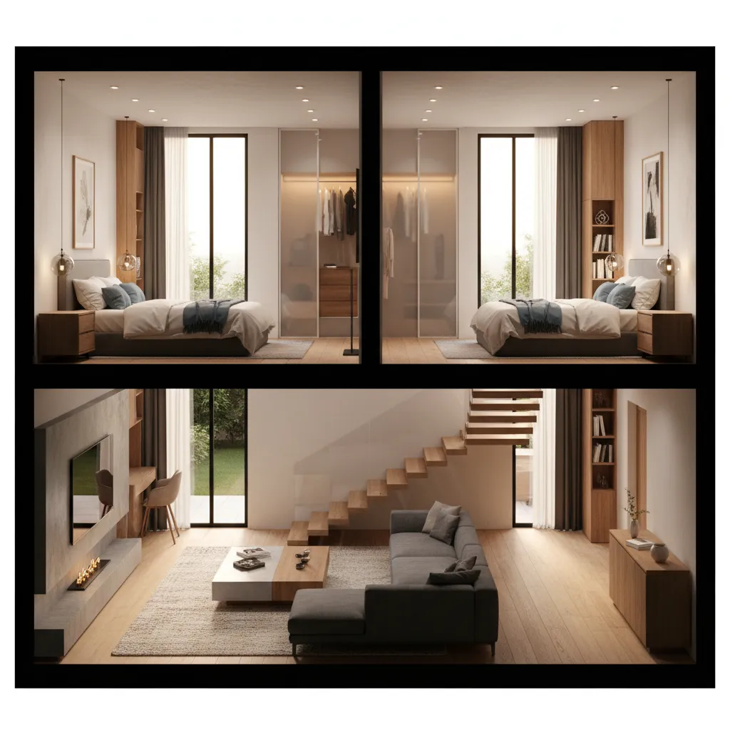 Concepto de casa 10 x 10 de dos plantas con escalera central