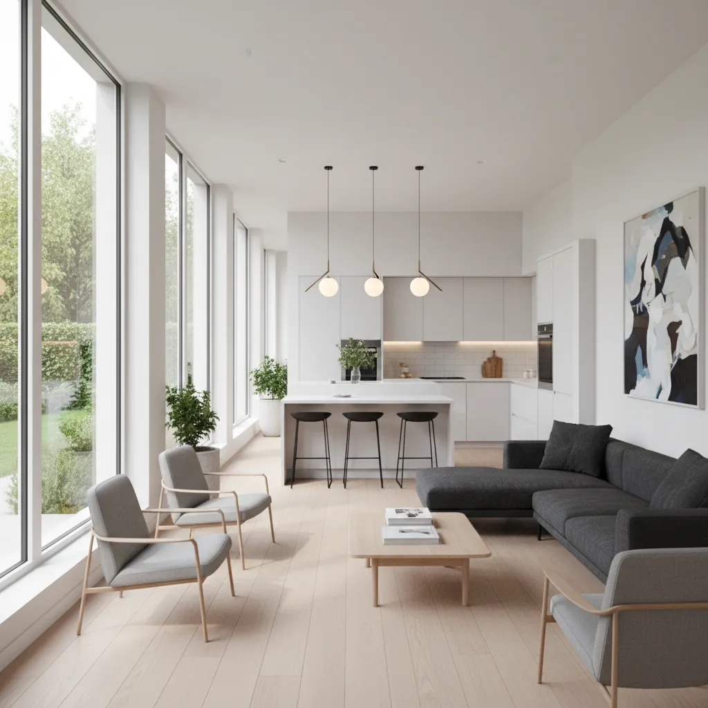 Sala y cocina integradas en casa moderna construida en terreno 10x25