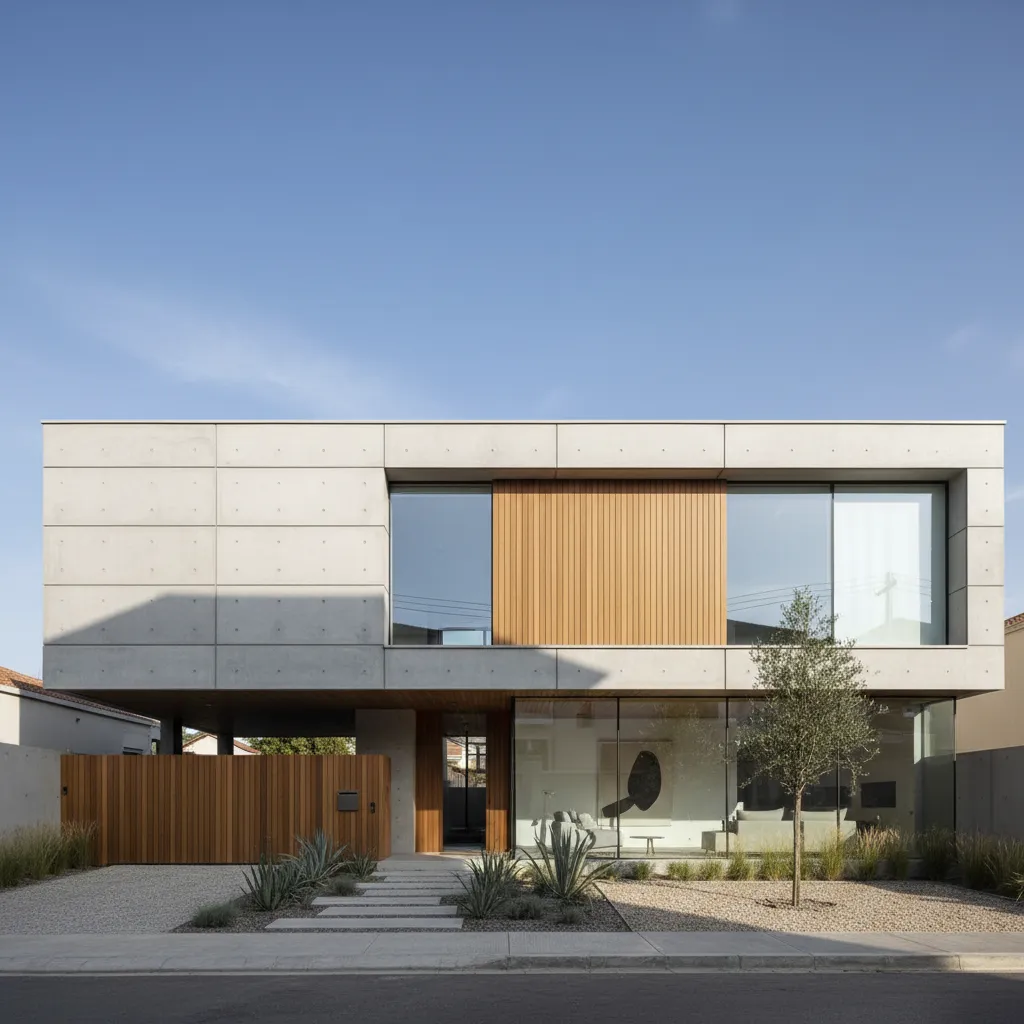 Modern house exterior with grey concrete walls wood panels large windows and a small tree