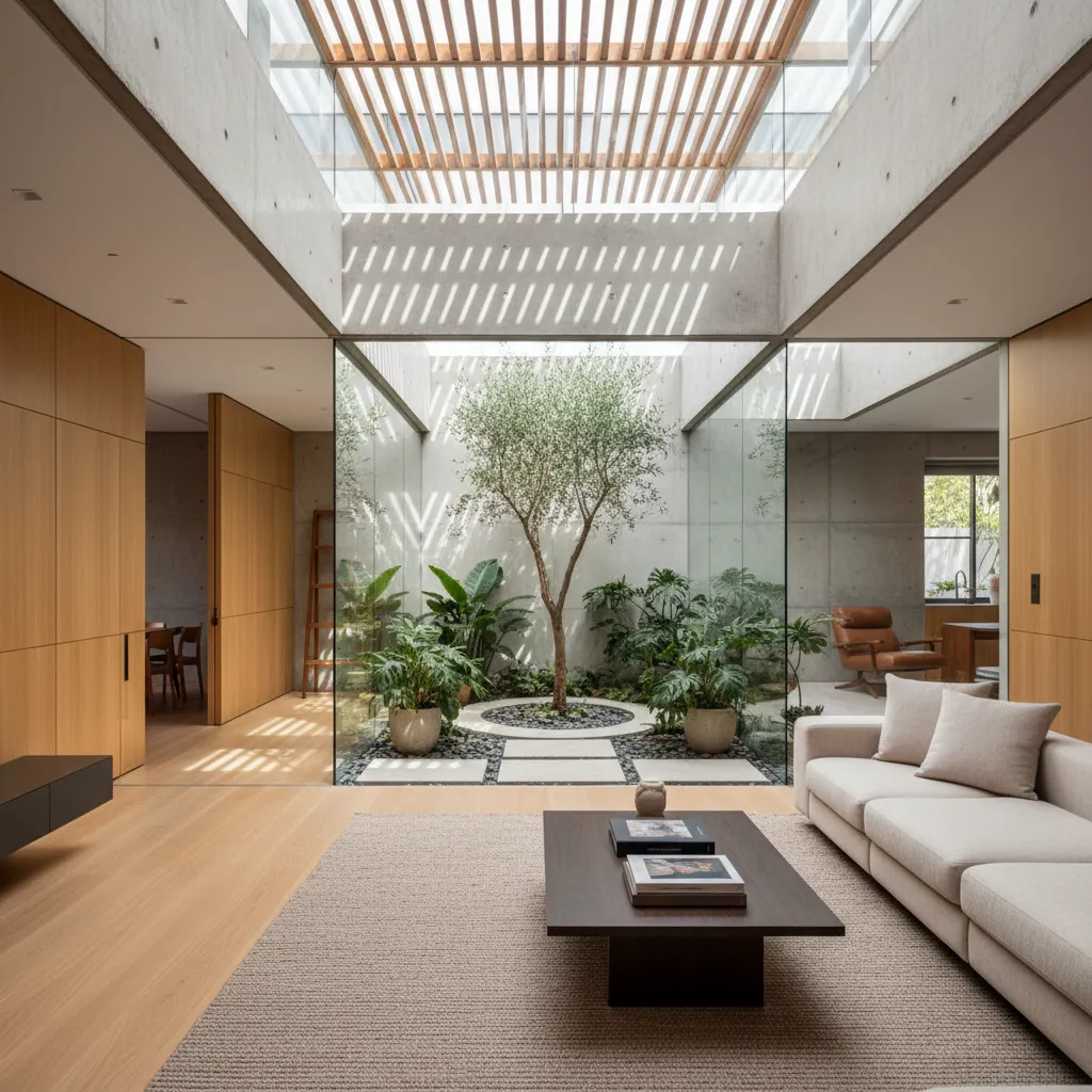Modern living room with white sofa and indoor glass garden patio featuring a green tree
