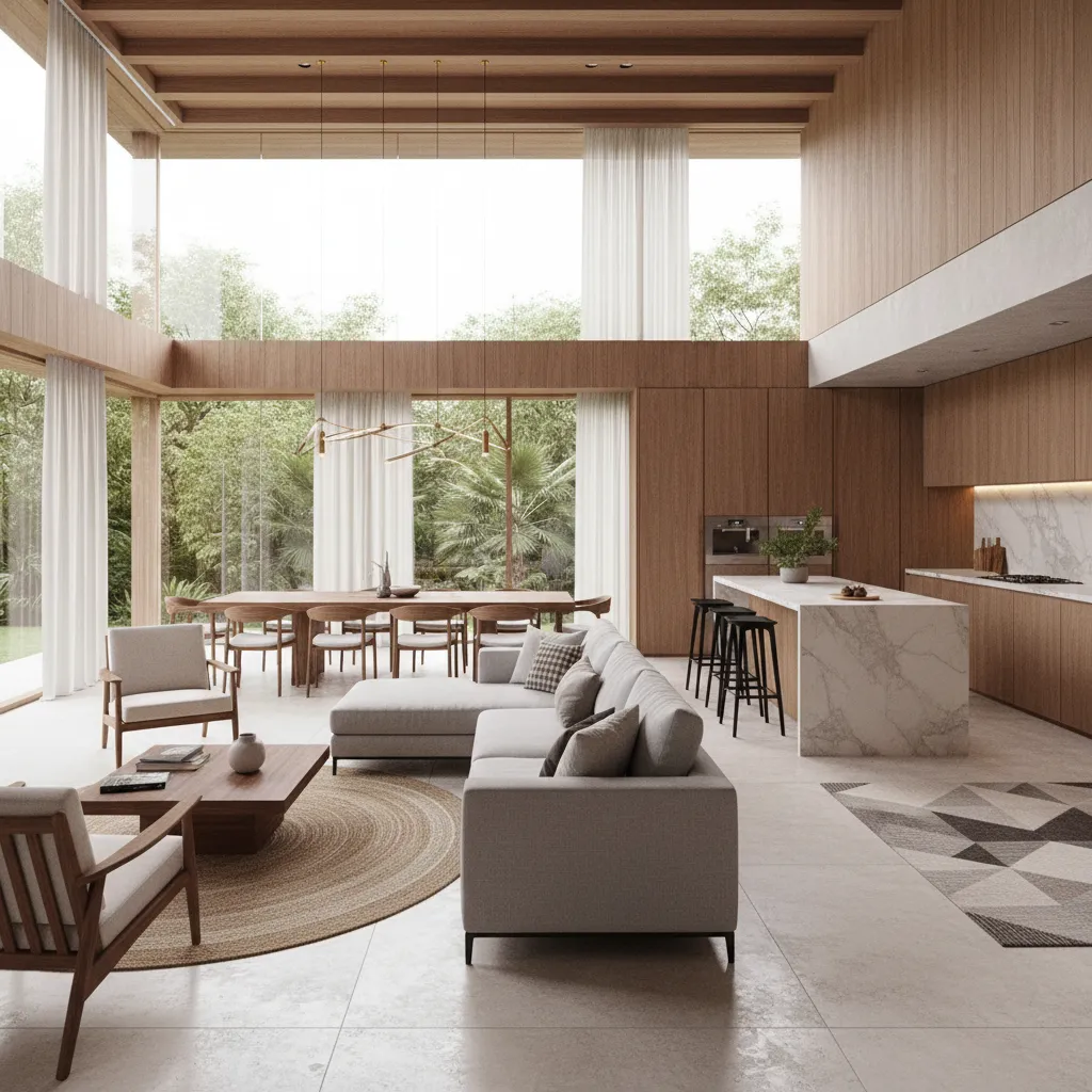 interior de casa moderna de 140m2 com sala e cozinha integradas