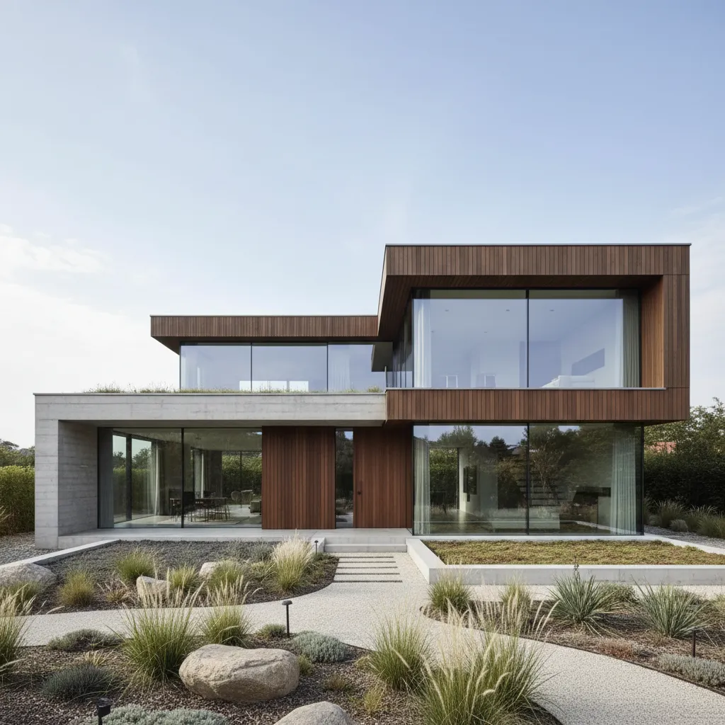 Diseño de casa moderna de dos plantas con grandes ventanas
