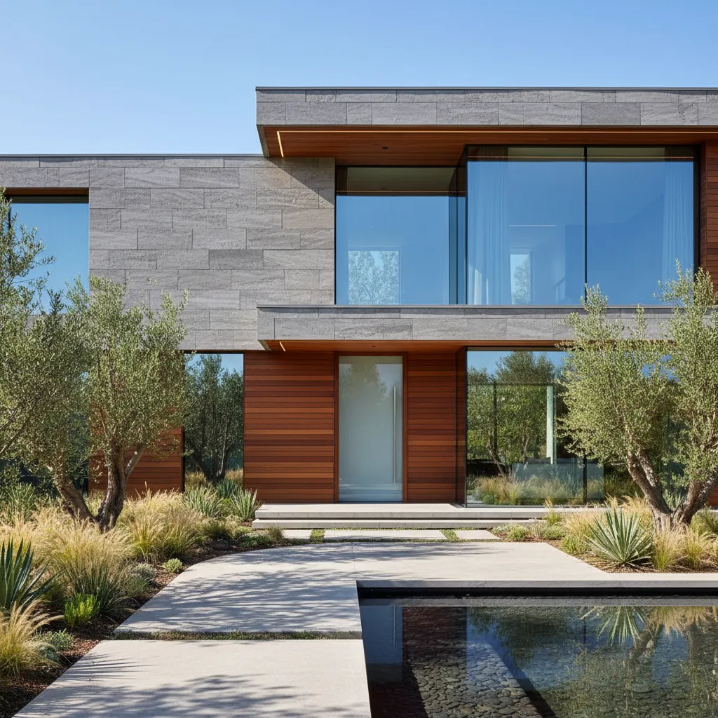Modern house exterior with stone walls wood panels large windows olive trees and a walkway