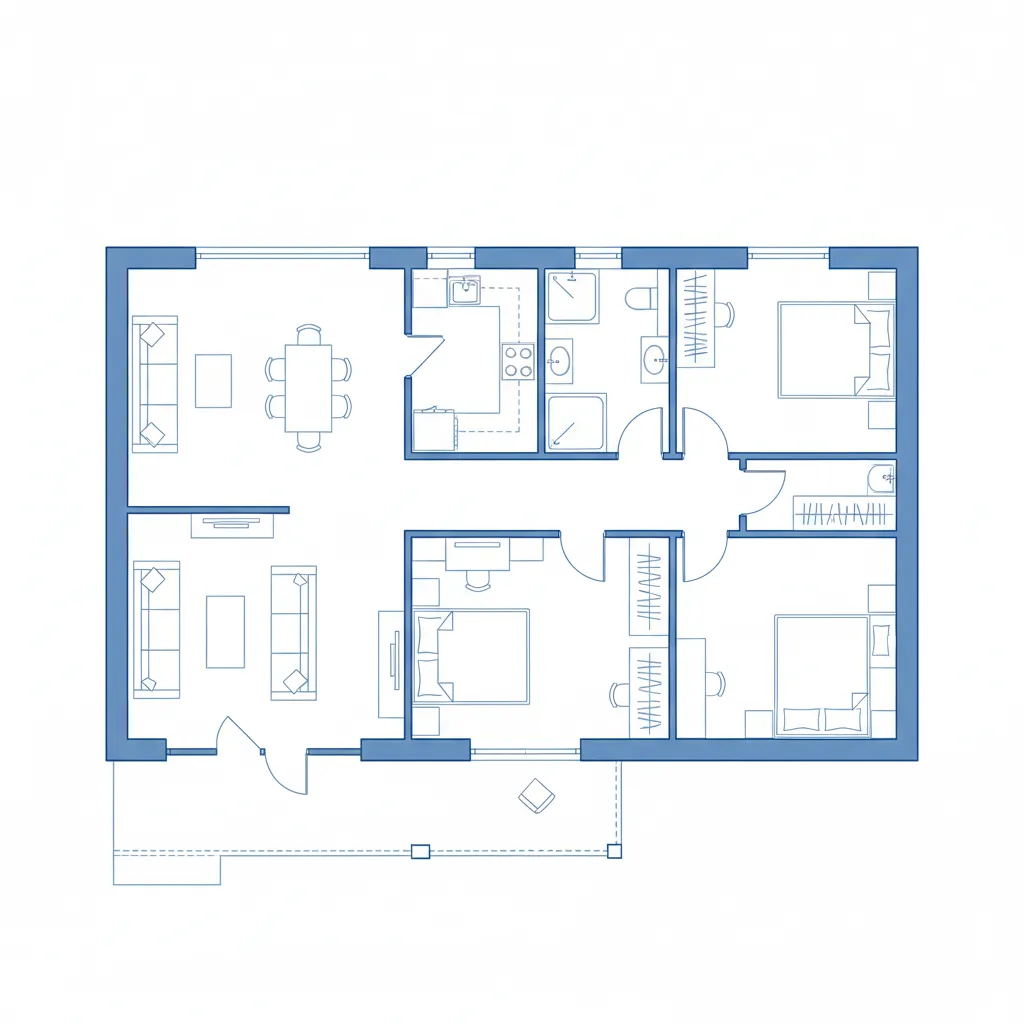 Plano compacto de casa con tres dormitorios en parcela pequeña