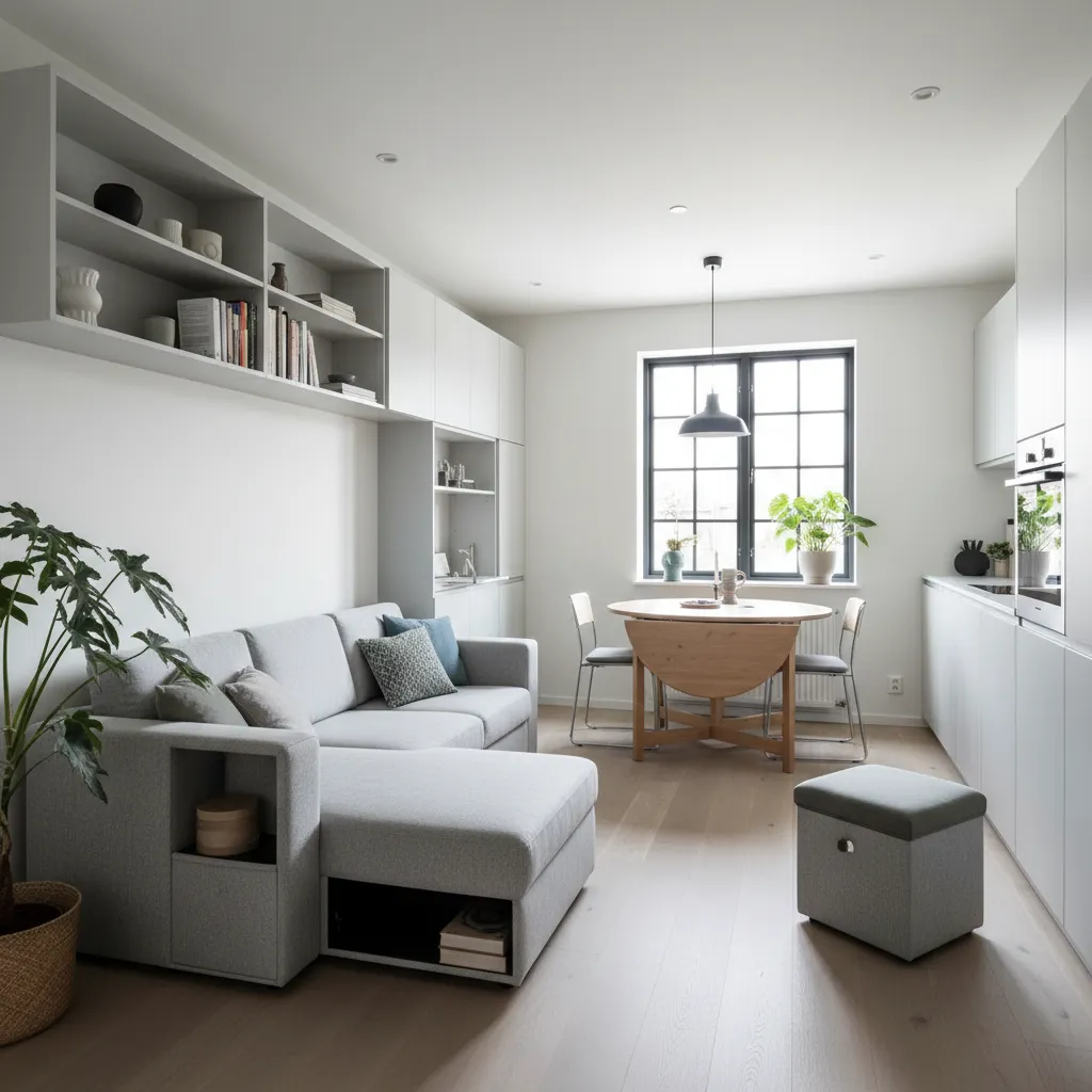 Interior compacto de casa pequeña con tres habitaciones