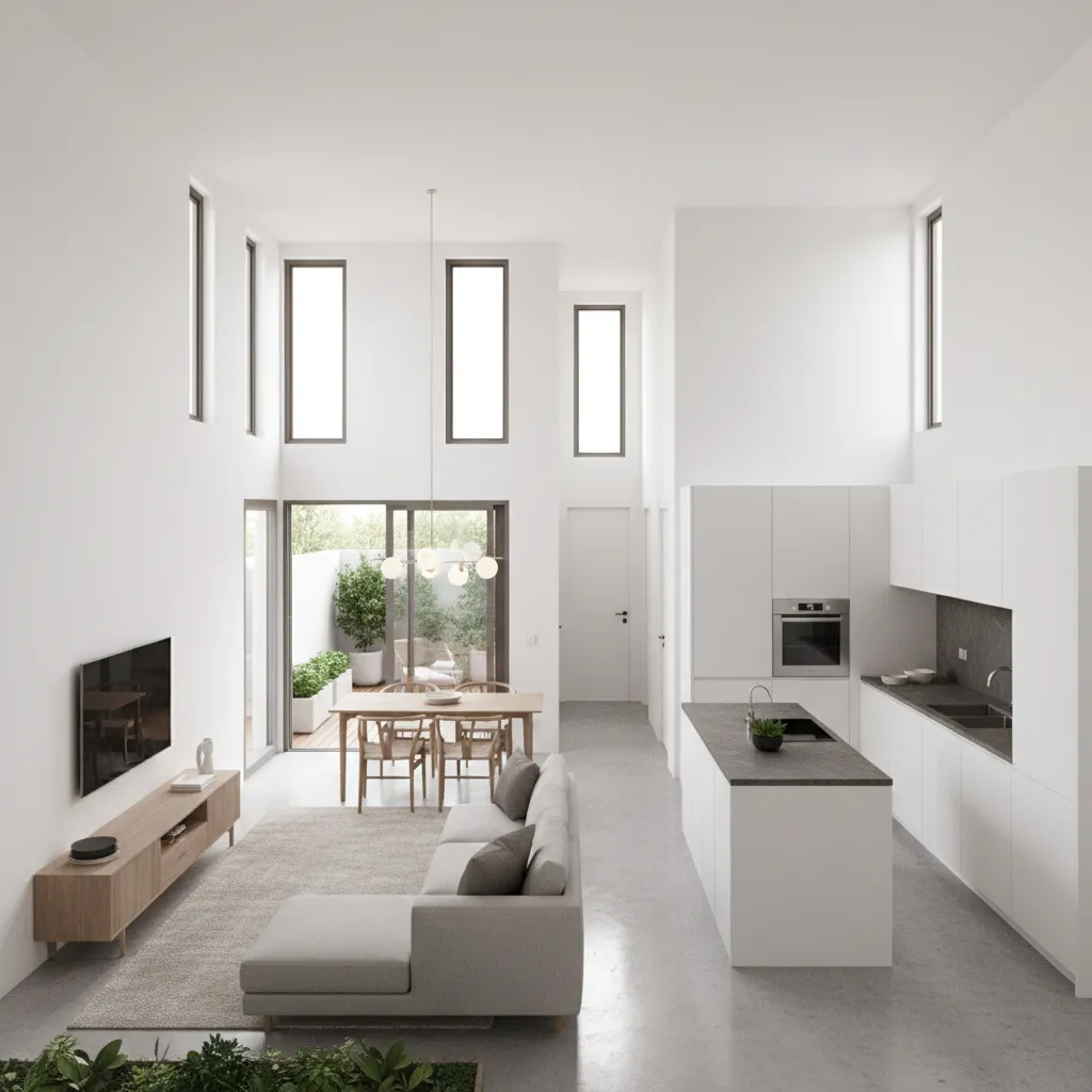Modern open living room with gray sofa wooden dining table white kitchen and tall windows