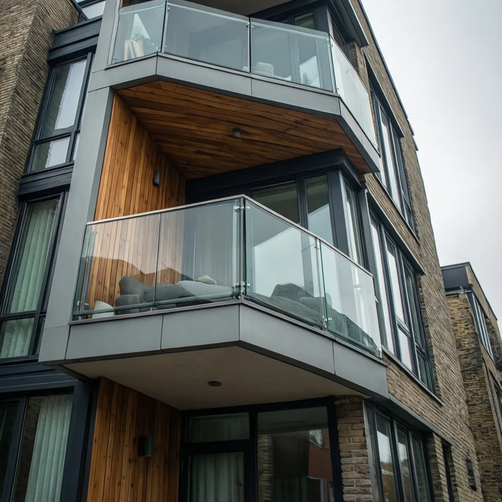 Modern apartment building with glass balconies featuring wooden ceilings and black windows on stone walls