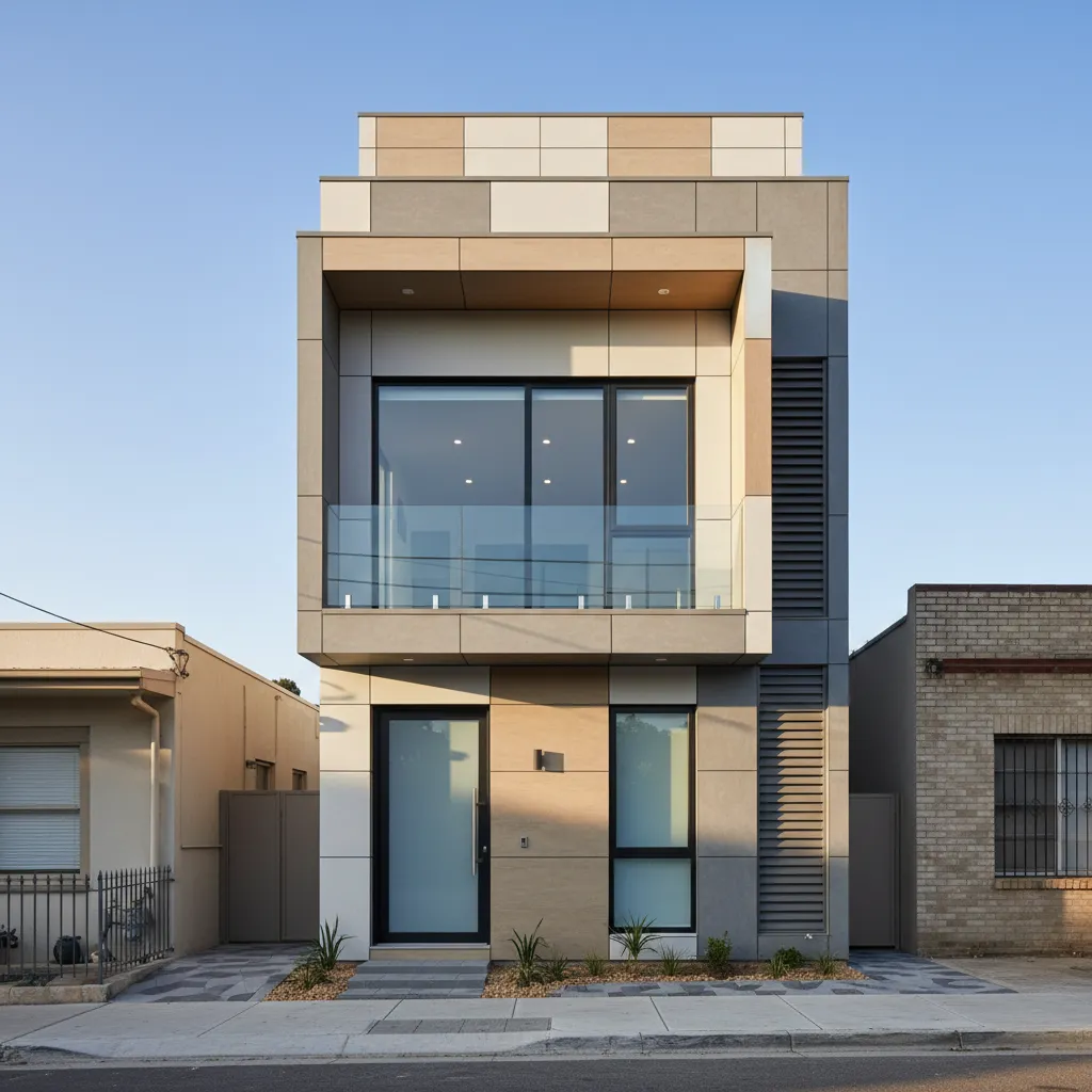Modern home with large glass windows balcony flat roof and light brown decorative wall panels