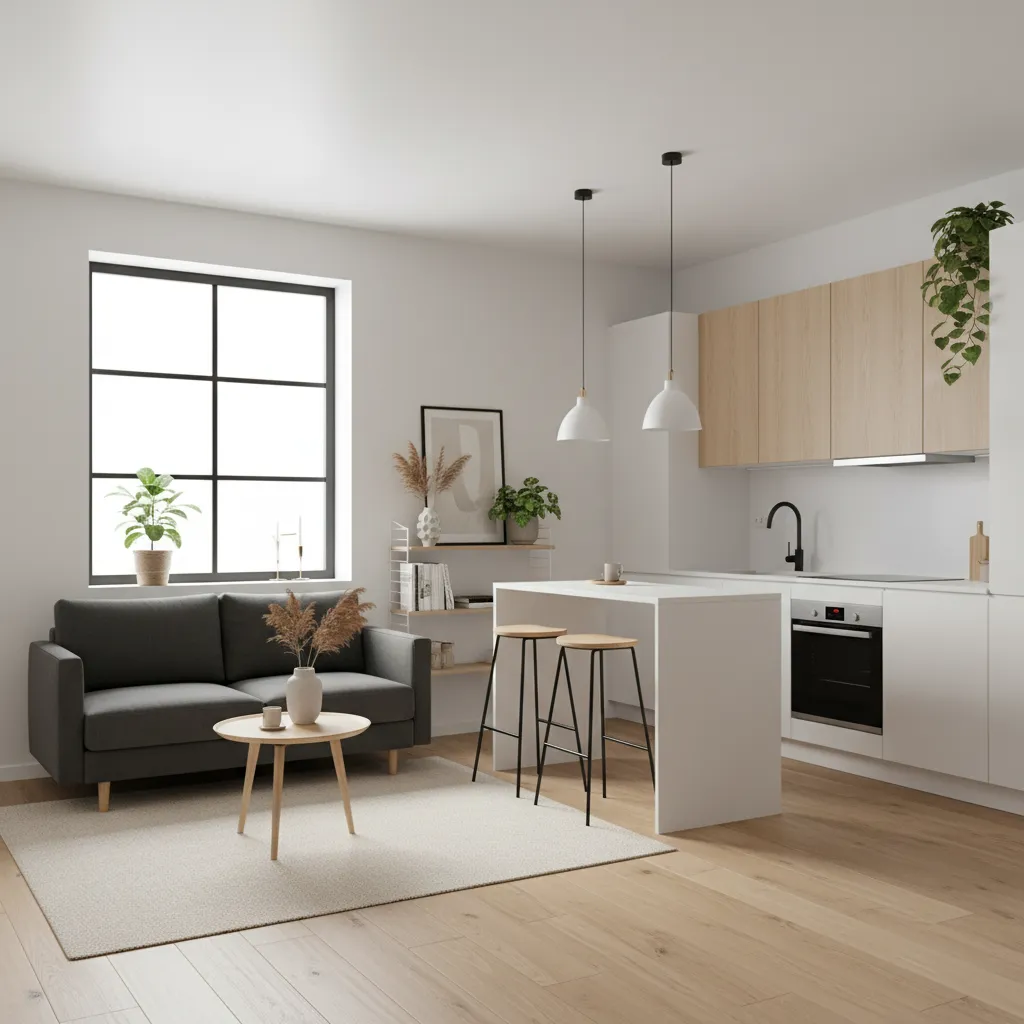 Modern open living room with grey sofa wood floor kitchen island stools white ceiling light