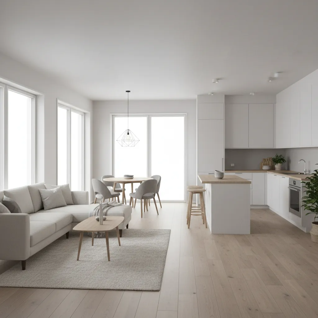 interior de casa de 80 metros con salón y cocina abiertos