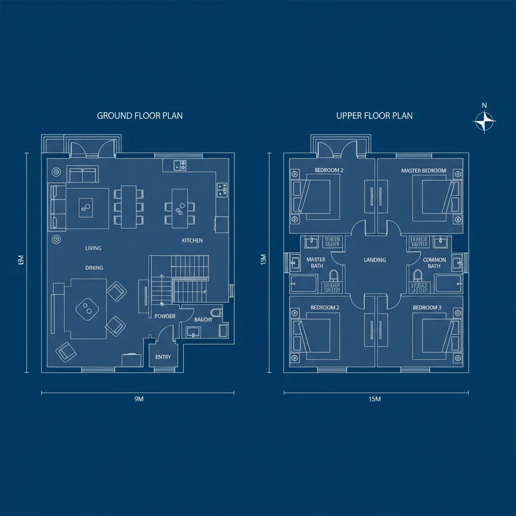 Plano arquitectónico de casa 9x15 de dos plantas