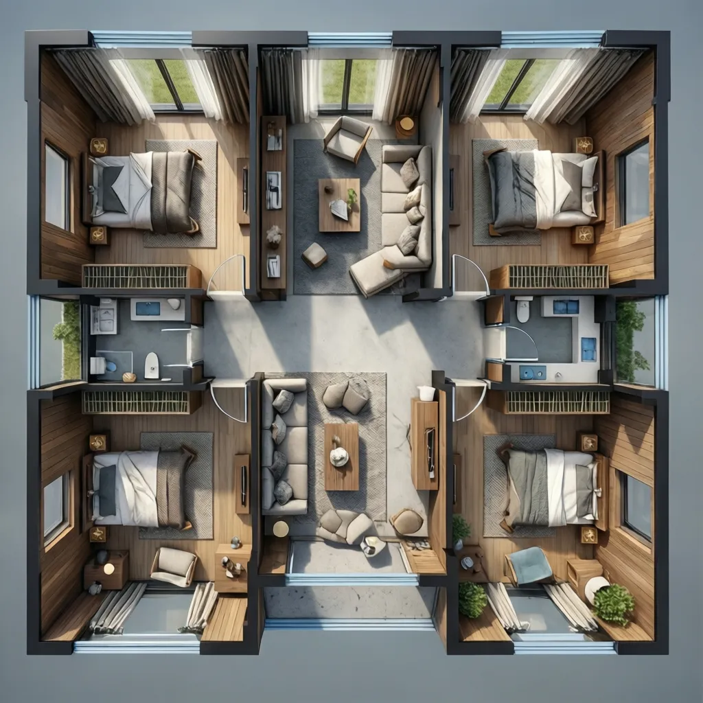 Plano de casa 9x9 con tres dormitorios