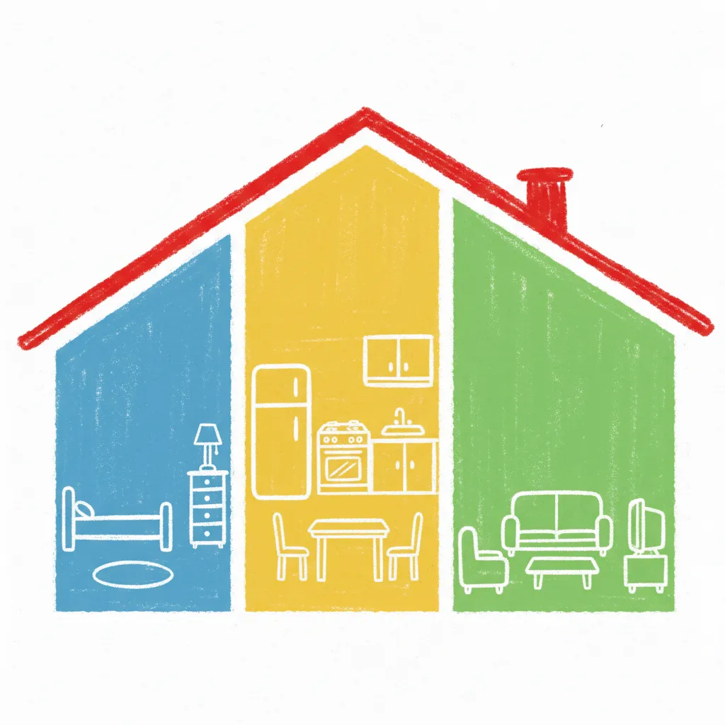 Casa abierta con habitaciones de diferentes colores para niños