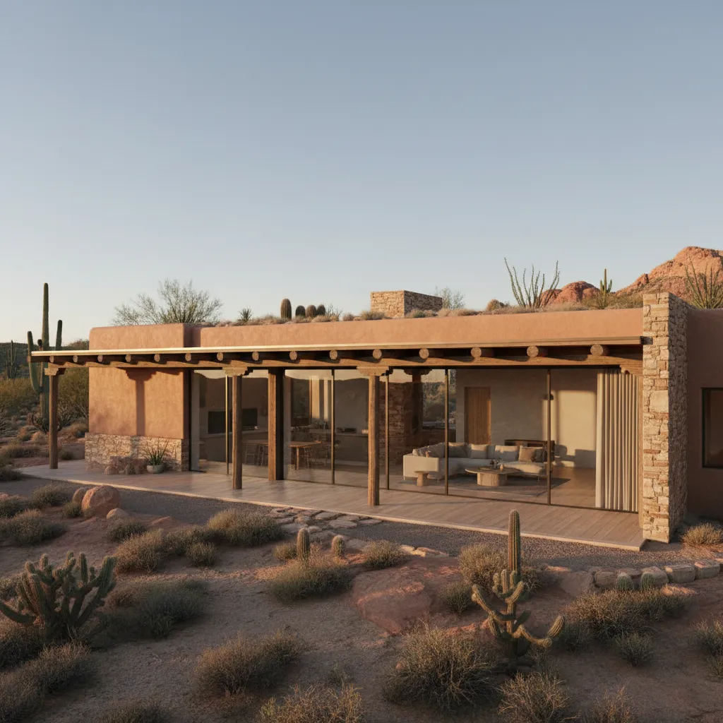 Interior design drawing of a desert house with glass walls wooden beams sofa and cacti