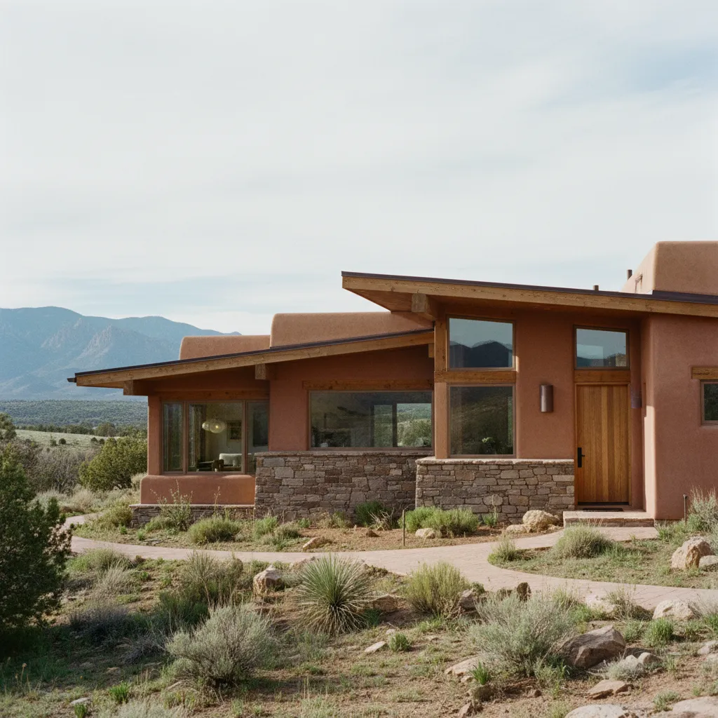 A modern desert house featuring brown walls stone base wooden door and large glass windows