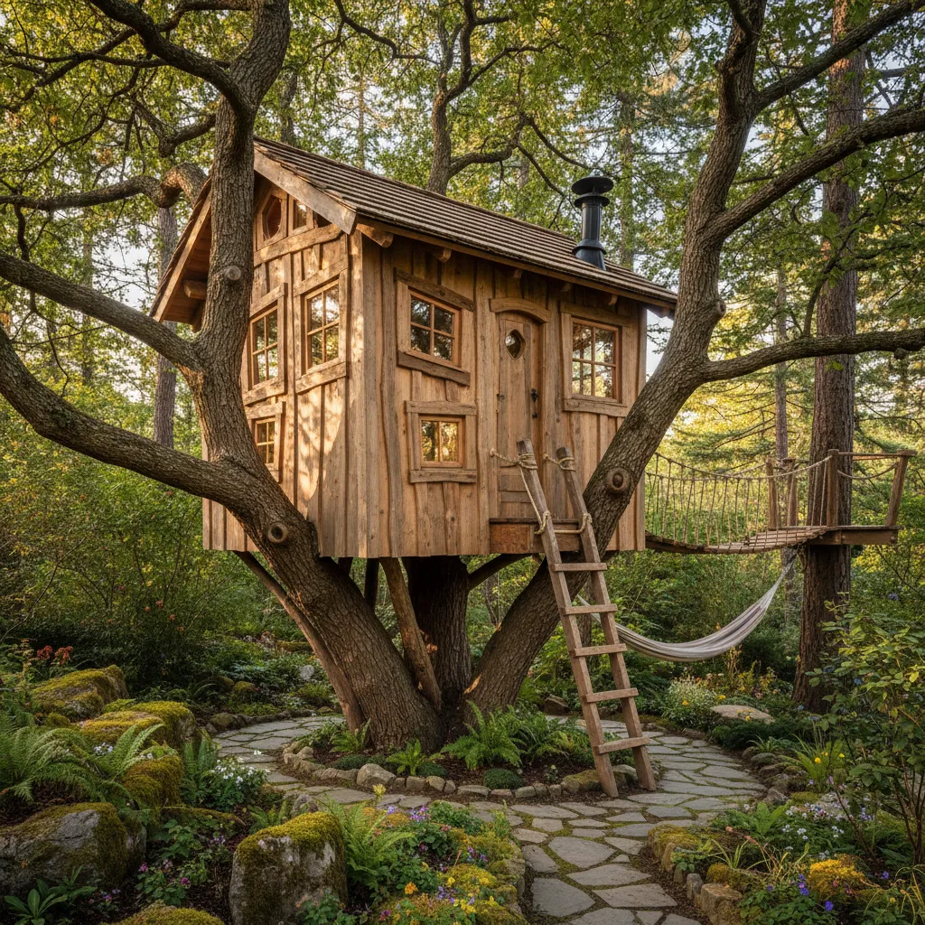 Pequeña casa de árbol de madera con ventanas en medio de un árbol