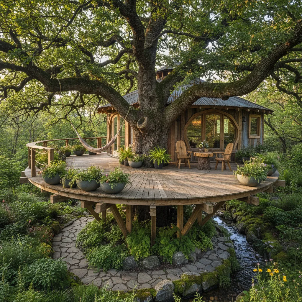 Casa de árbol con pequeña terraza de madera alrededor del tronco