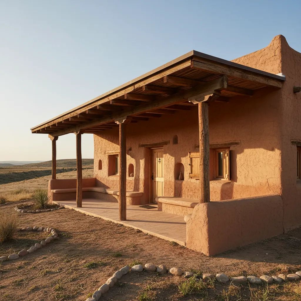 Arquitectura de casa de adobe con muros gruesos y techo amplio