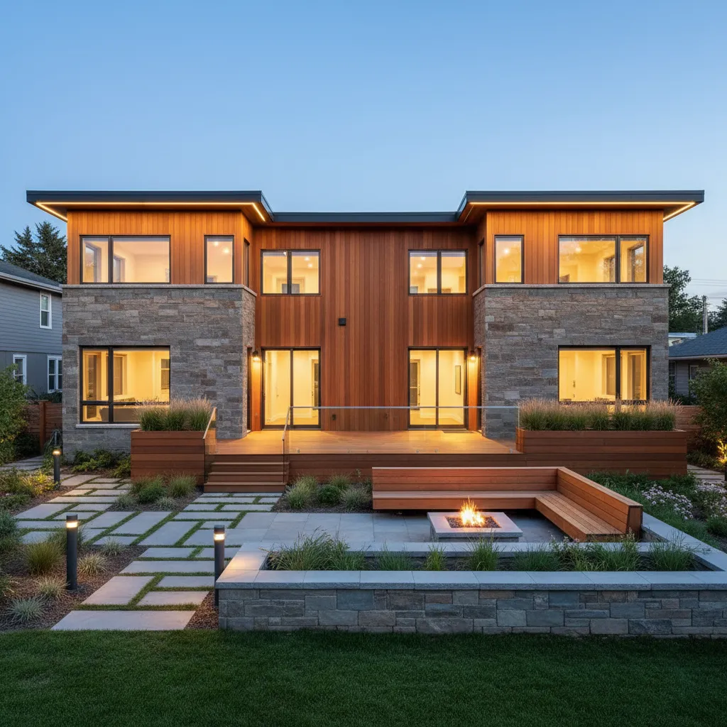 Modern wood and stone house with lit windows outdoor deck fire pit and wooden bench