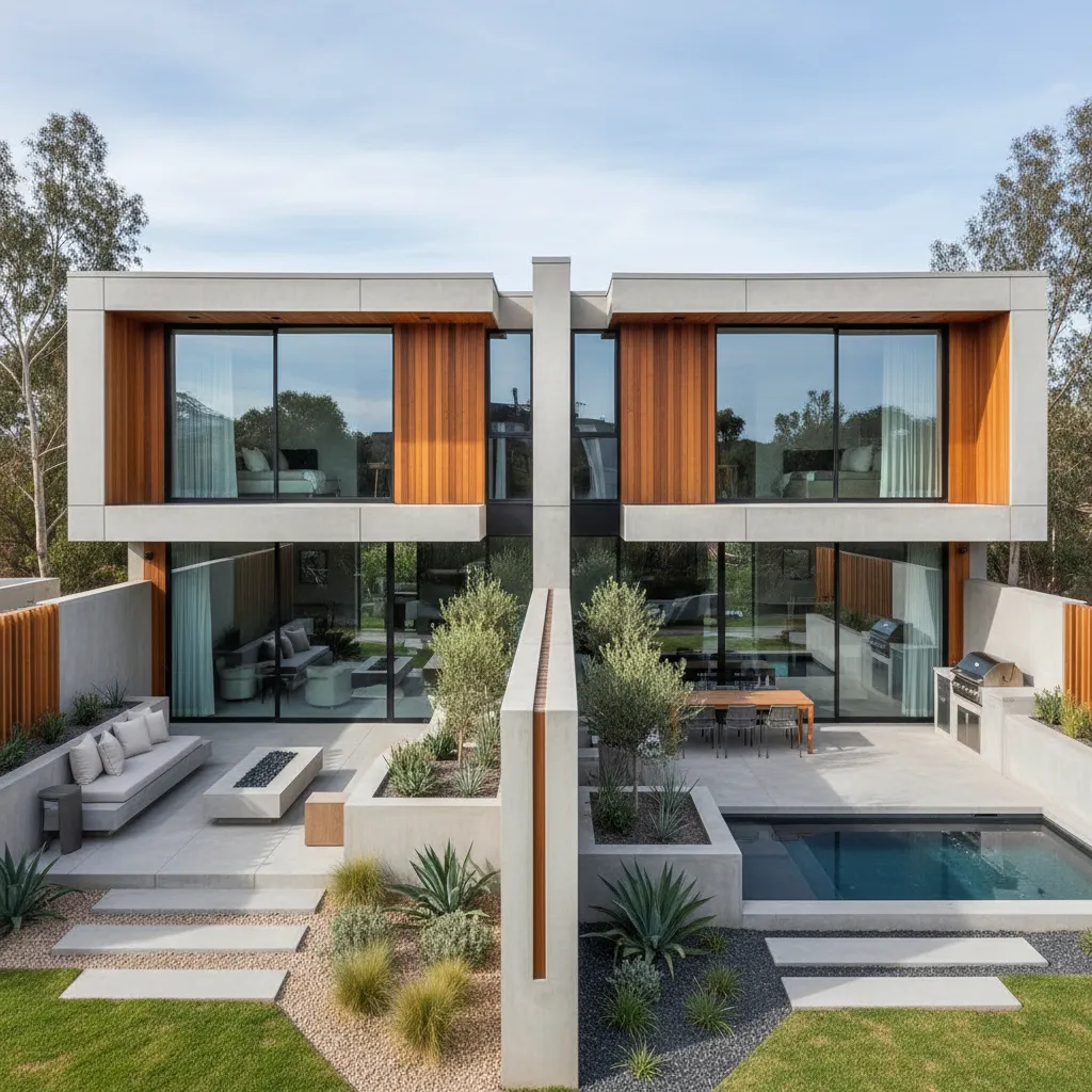 Modern house exterior with wood panels swimming pool patio furniture and glass windows under sky