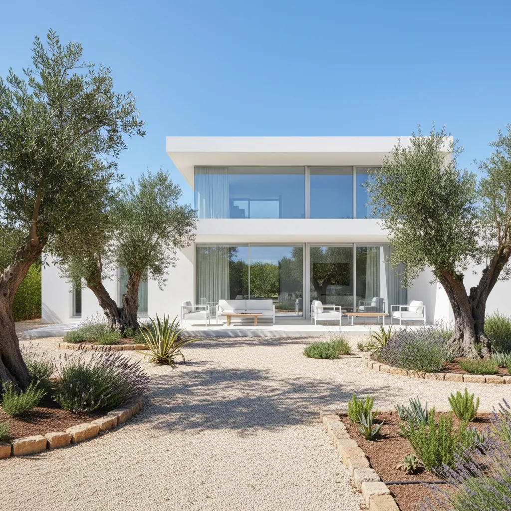 Casa blanca moderna con jardín minimalista y vegetación mediterránea