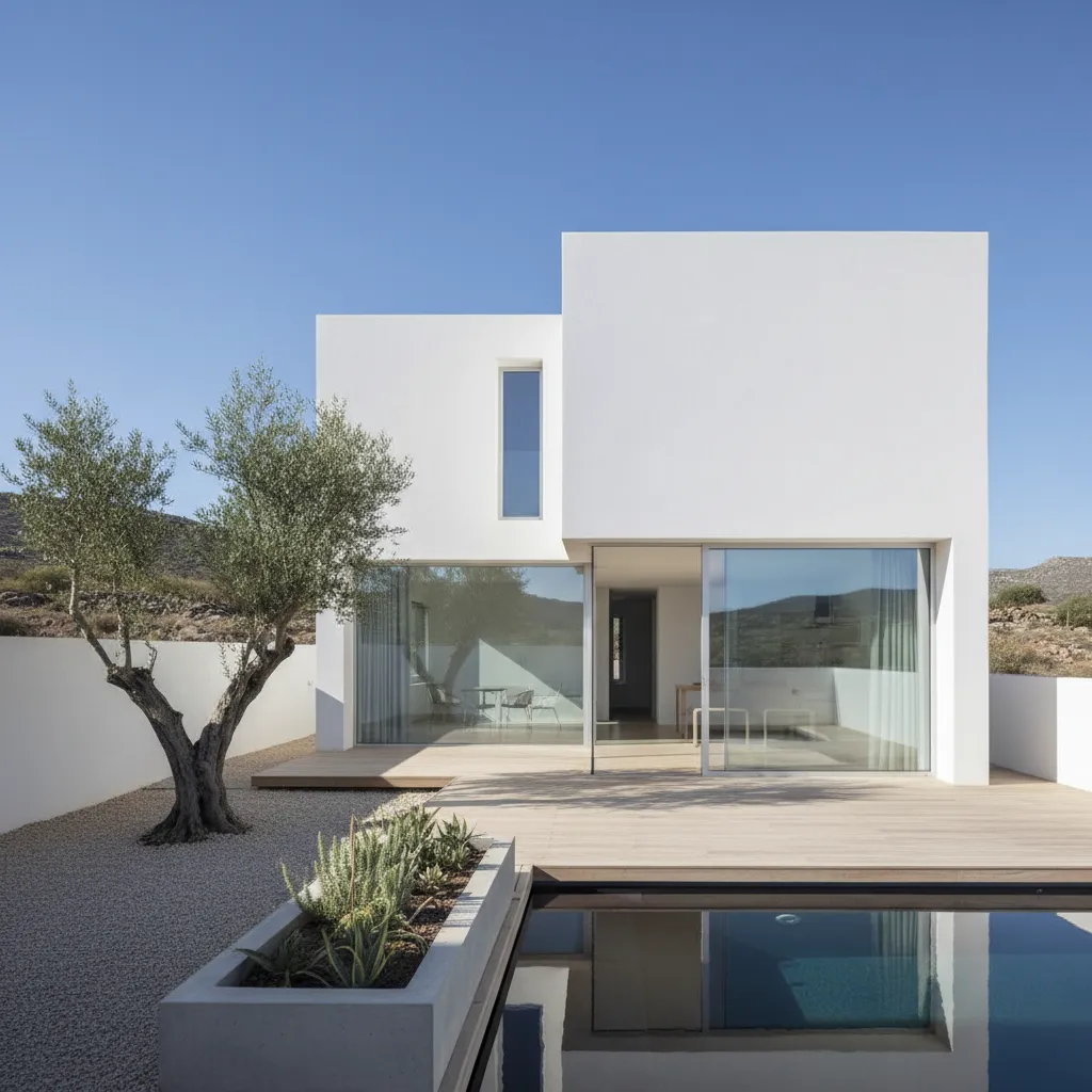 Casa moderna pequeña con fachada blanca minimalista