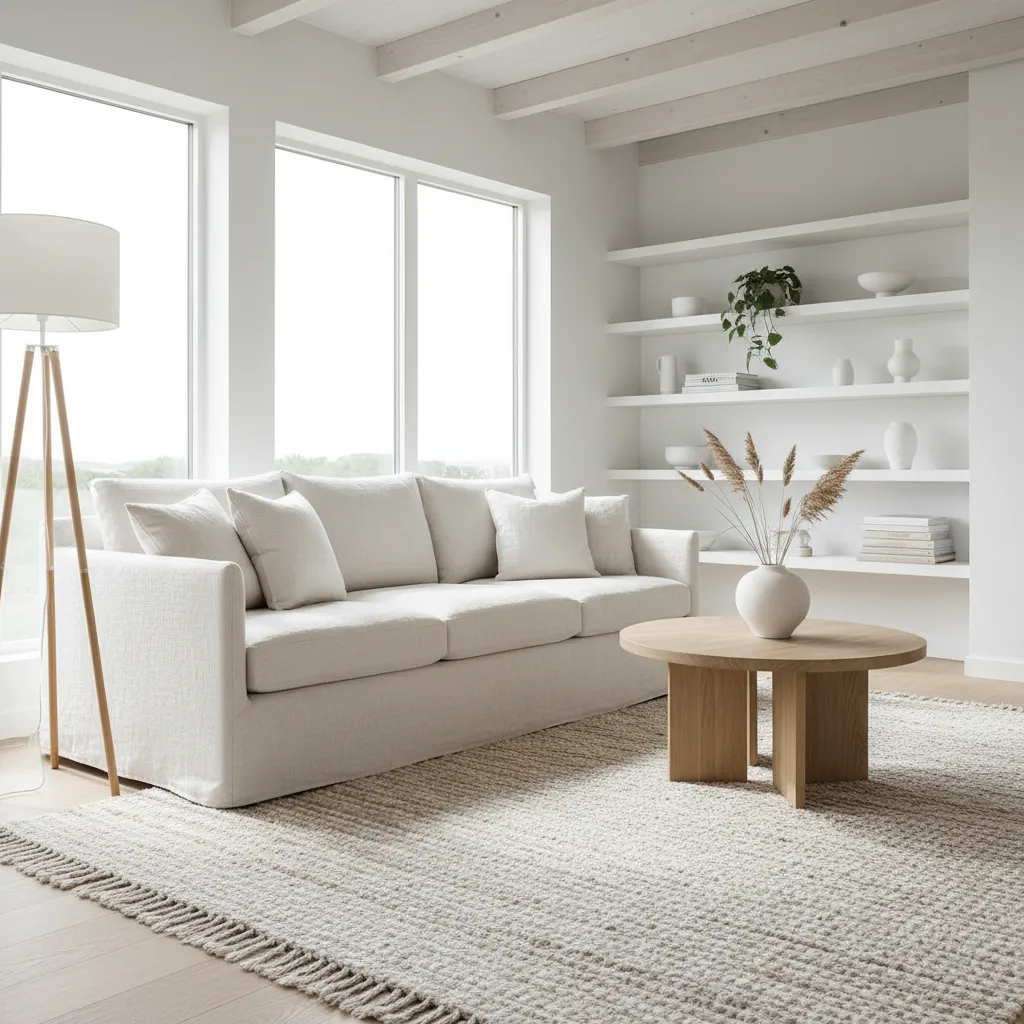 Interior blanco con madera y textiles naturales