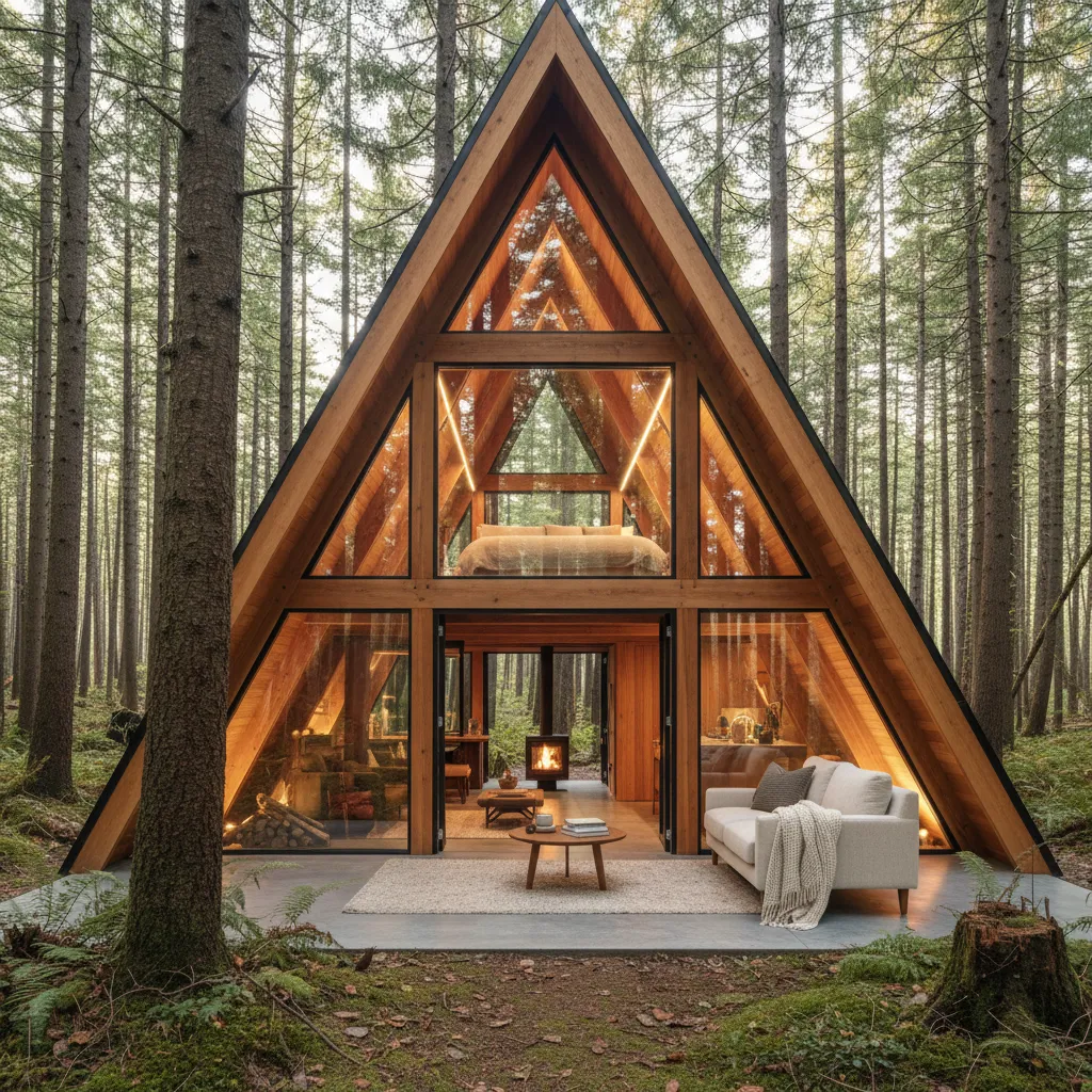 Casa tipo cabaña moderna de madera con techo a dos aguas