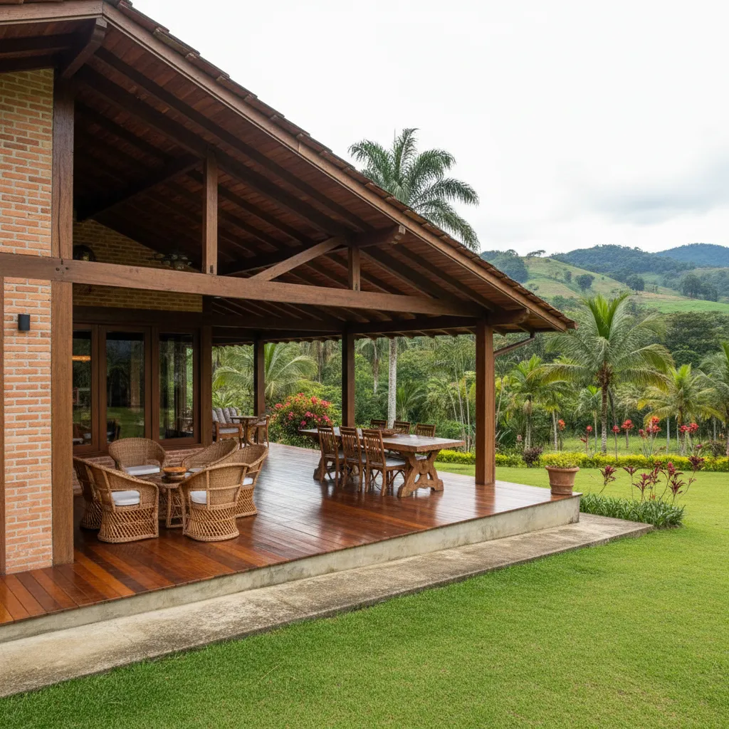 Casa campestre colombiana con terraza y techo inclinado