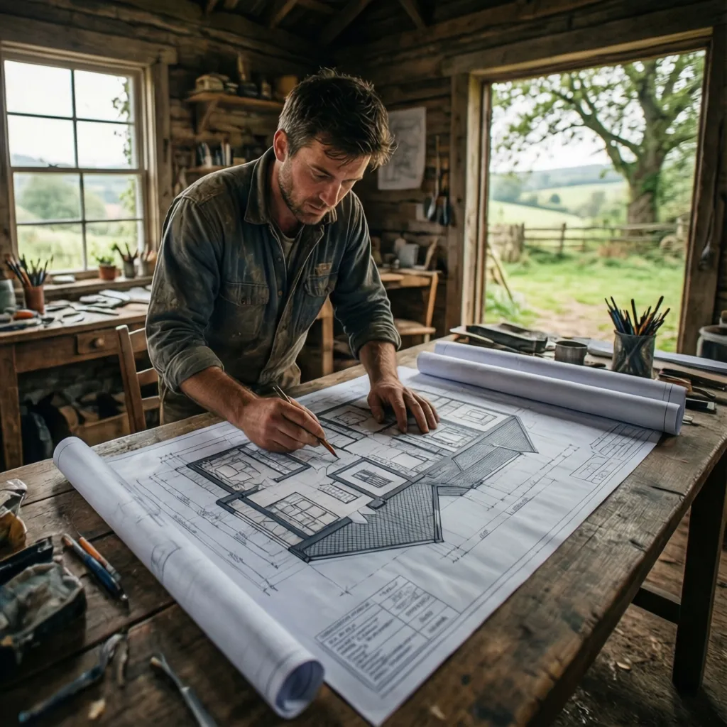 Arquitecto revisando planos de una casa campestre