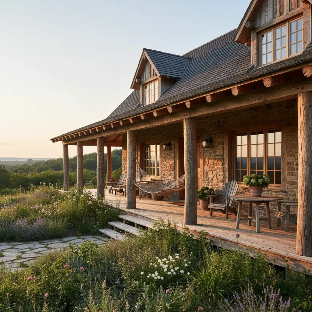 Casa campestre con porche amplio de madera y techo inclinado