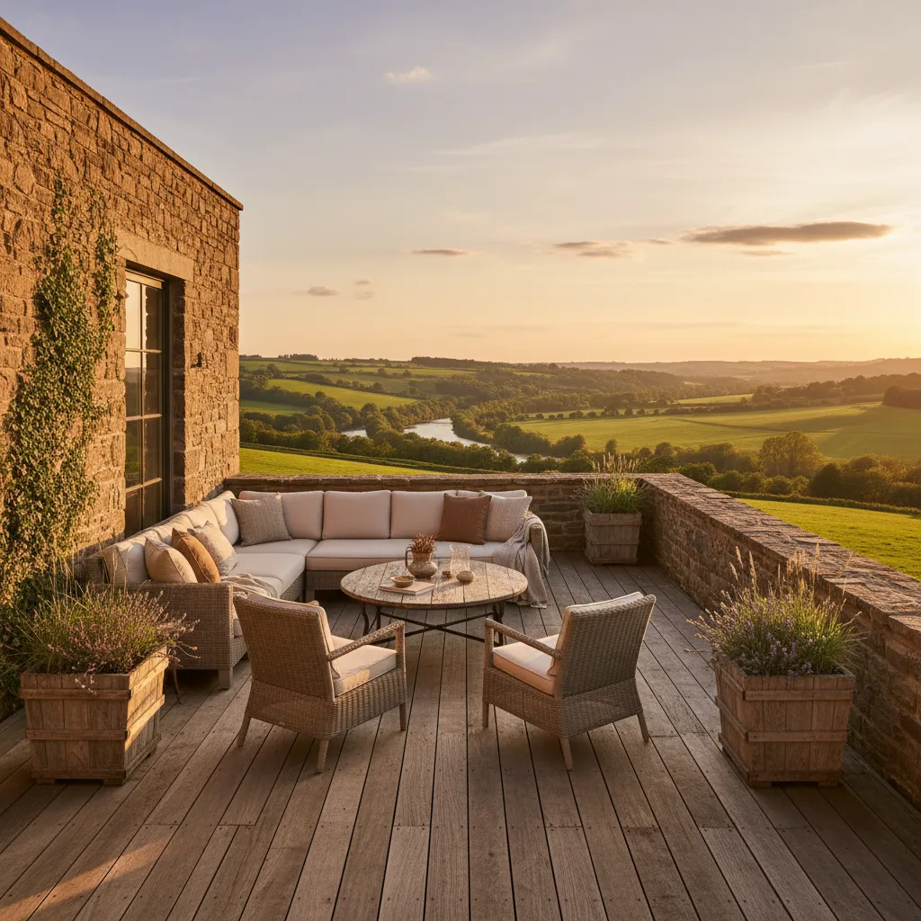 Terraza de una casa campestre abierta hacia el paisaje natural