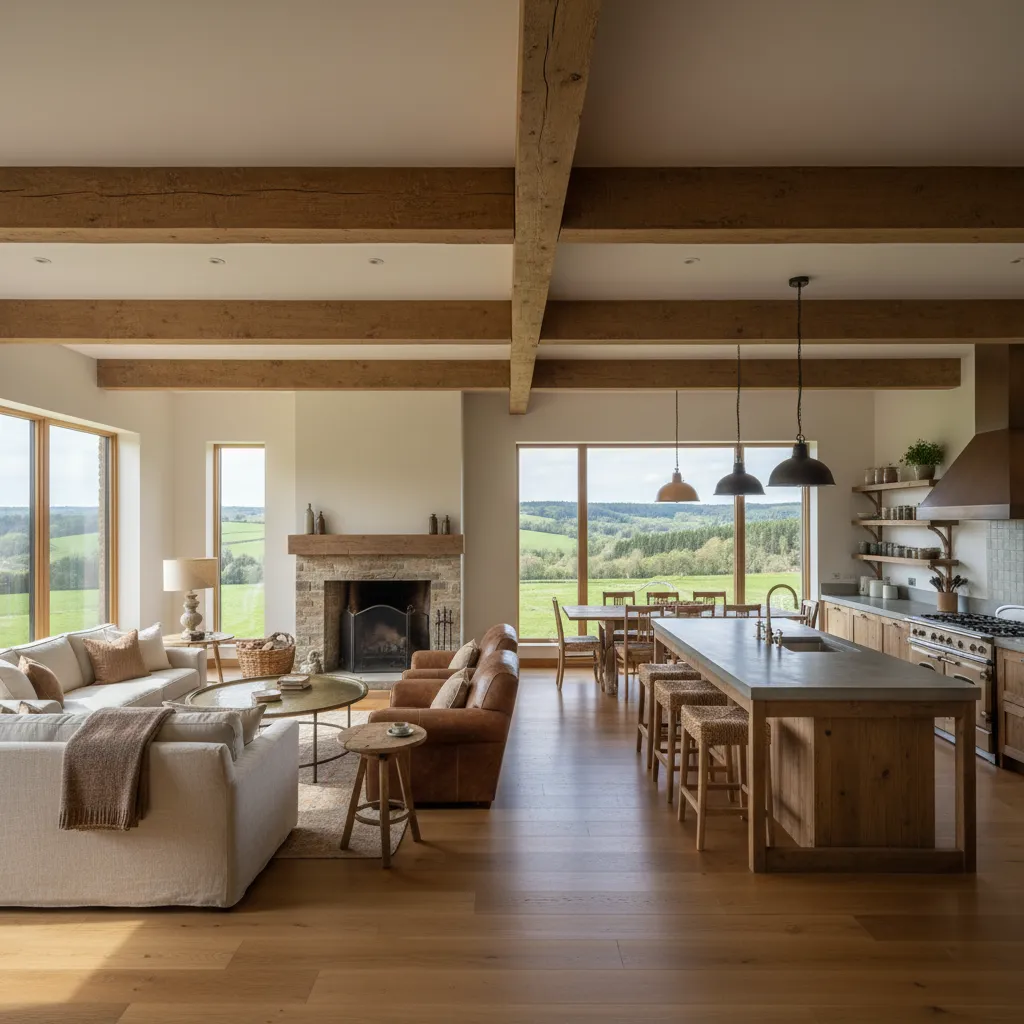 Interior de casa de campo con salón y cocina abiertos