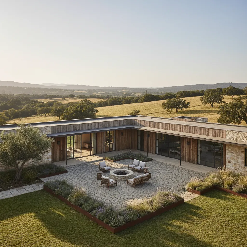 Casa de campo de una planta con diseño en forma de L y patio