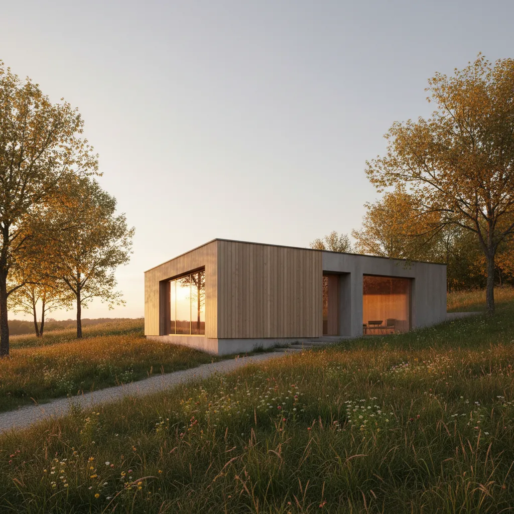 Modern minimalist house exterior with wood panels concrete walls large windows and sunset field landscape