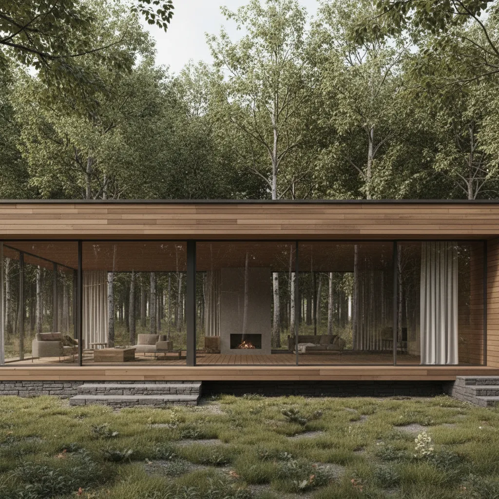 Casa de campo moderna con fachada de madera y grandes ventanales