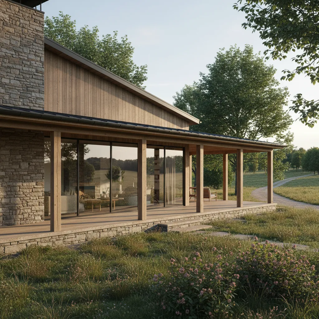 Casa de campo moderna con porche amplio y grandes ventanales