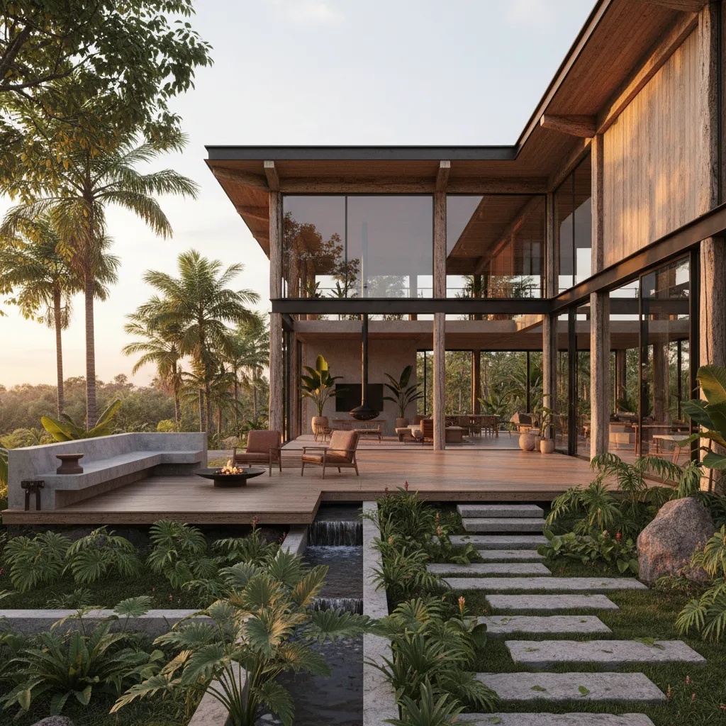 Casa de campo estilo rústico moderno con ventanales grandes