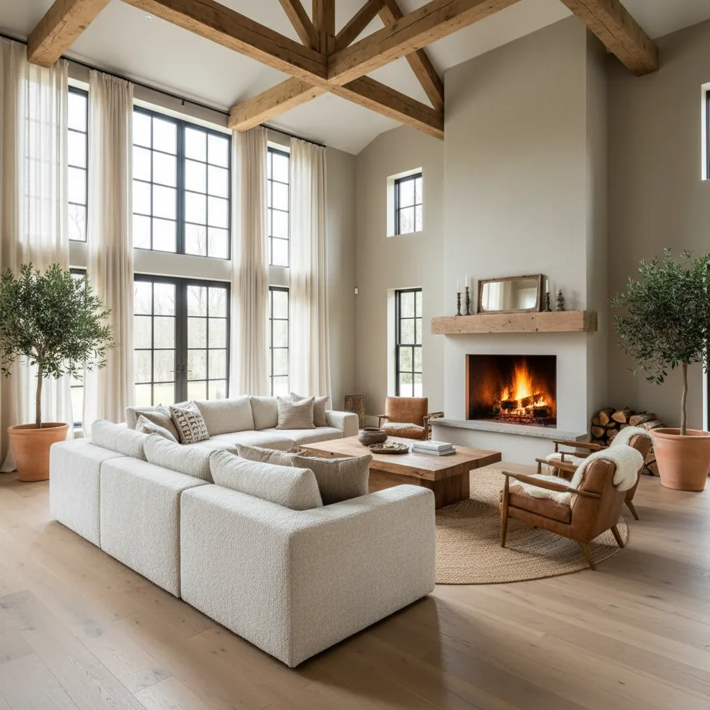 Salón abierto de casa de campo con vigas de madera y grandes ventanas