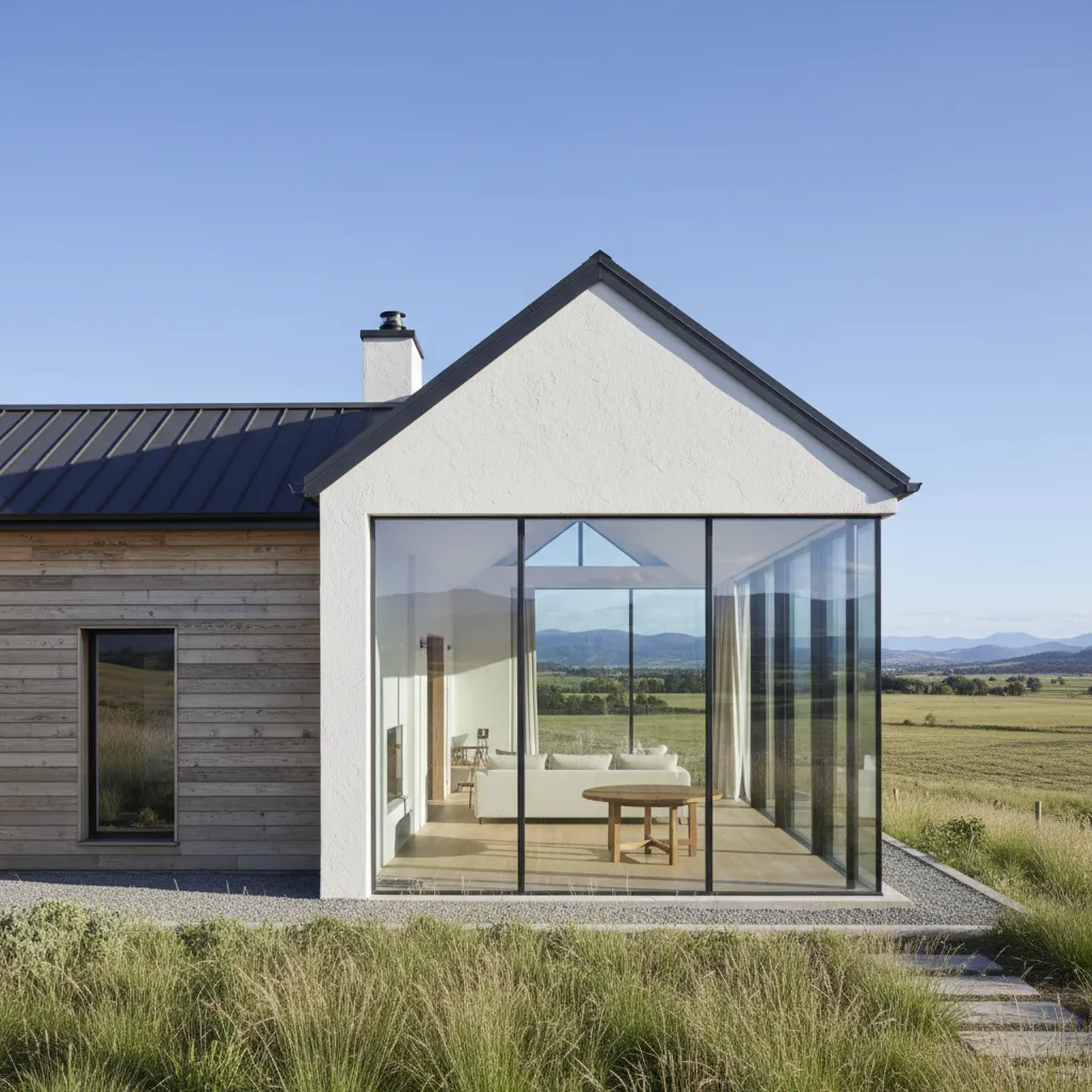 Casa rural moderna con ventanas panorámicas hacia el paisaje