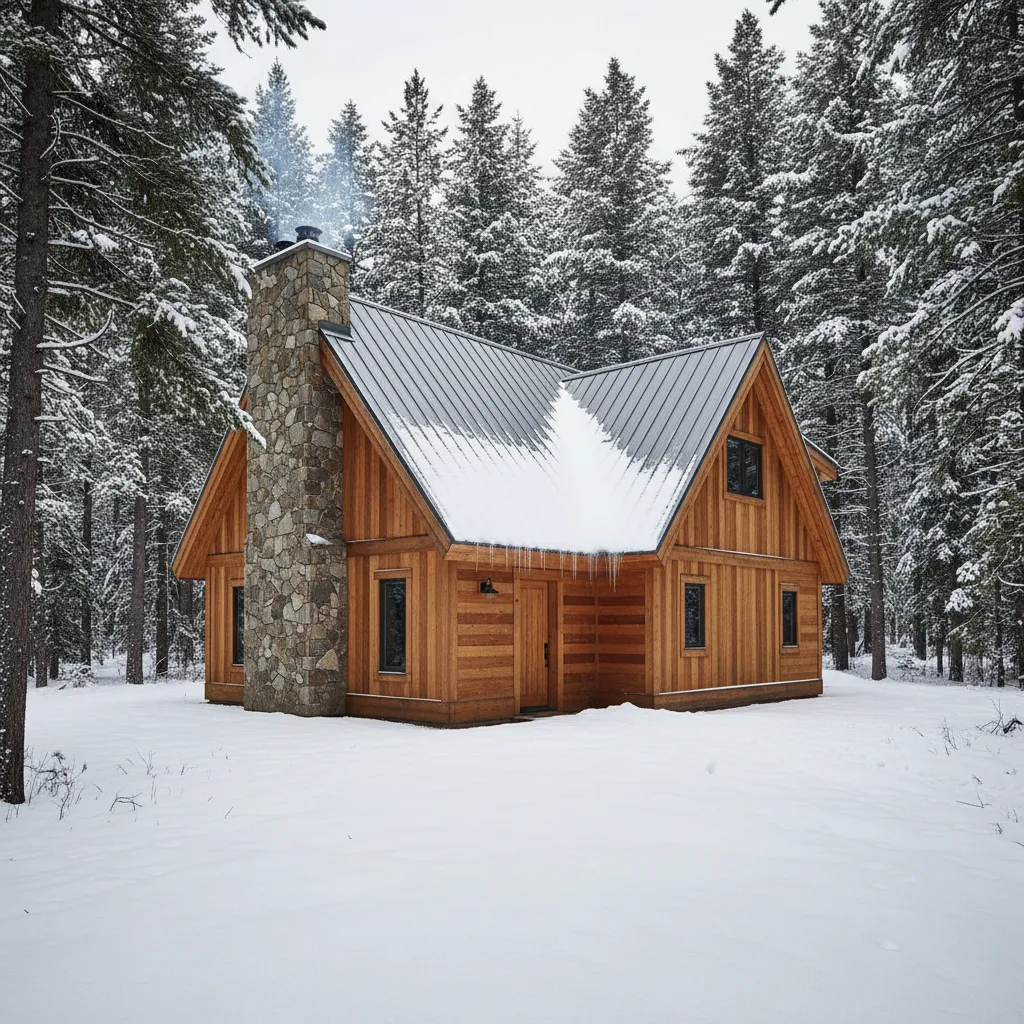 Traditional wood cabin with stone chimney and smoking fire in snowy forest with pine trees