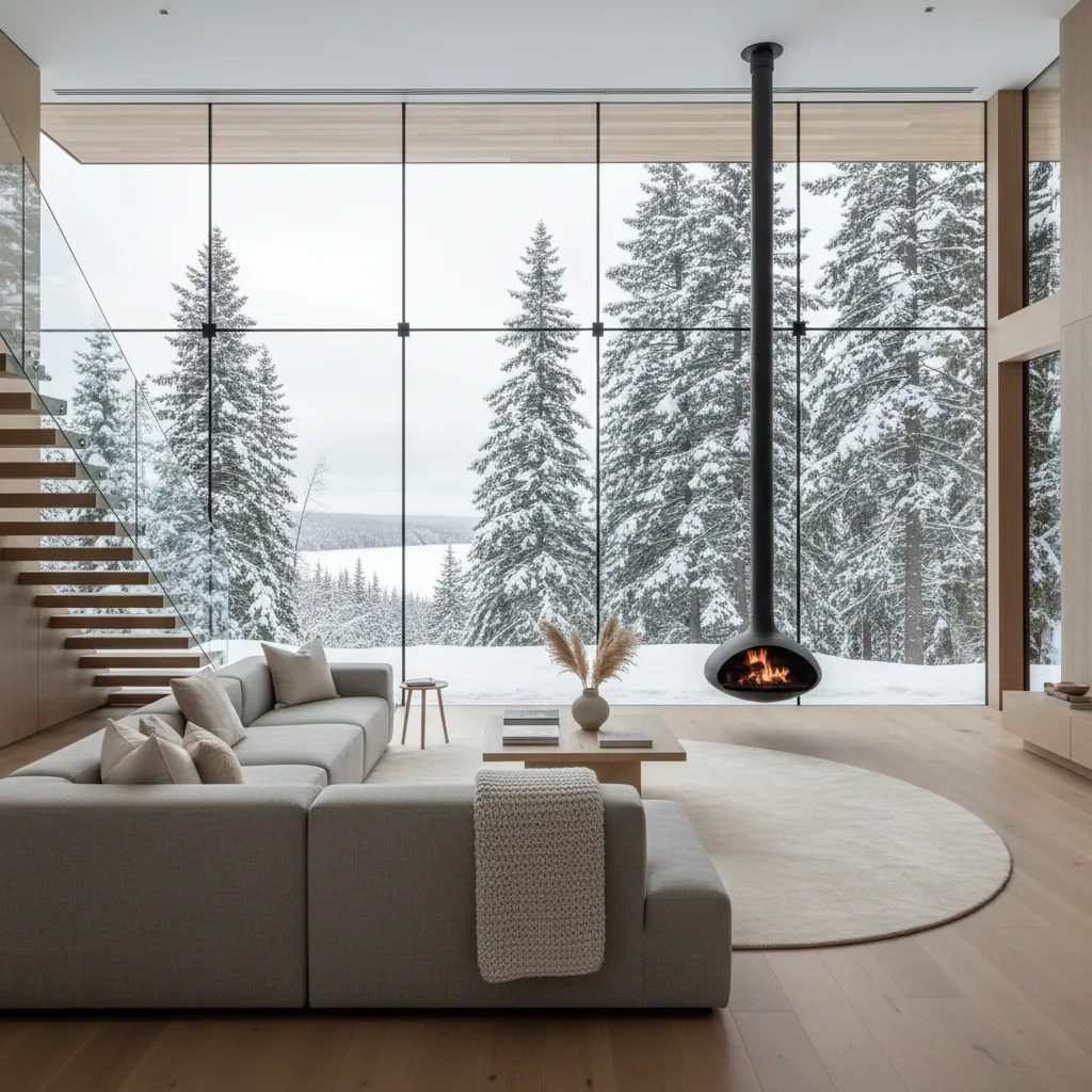 Modern living room with glass walls hanging fireplace grey sofa wooden stairs and snowy view