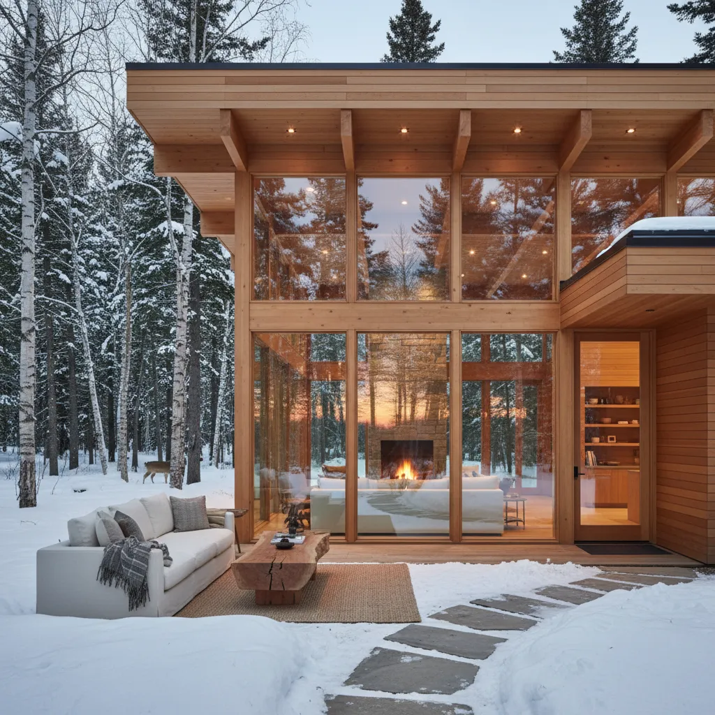 Modern wood house with large windows showing interior fireplace and outdoor white sofa in snowy forest