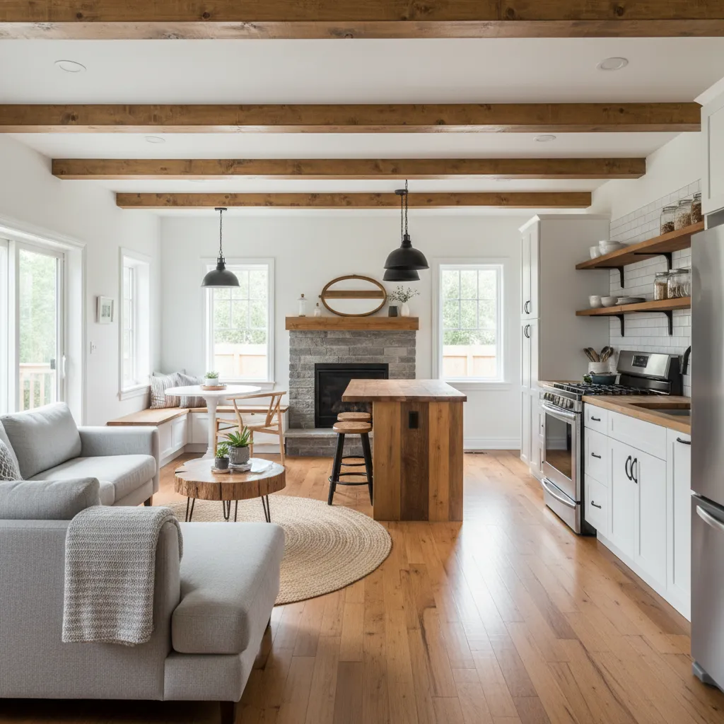 Interior de casa pequeña con diseño abierto estilo canadiense