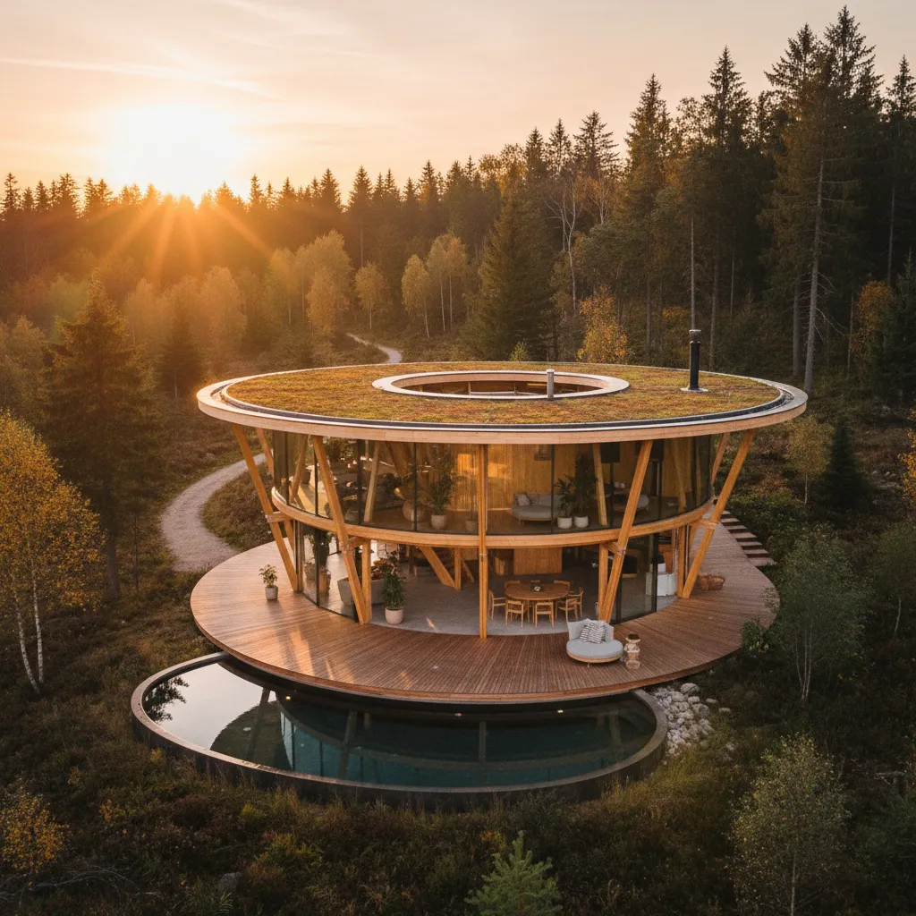 Casa circular moderna rodeada de naturaleza