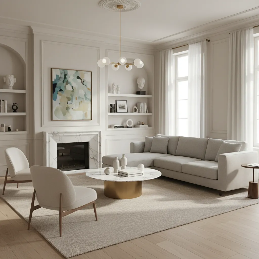 Modern bright living room featuring grey sofa marble coffee table white wall panel and light