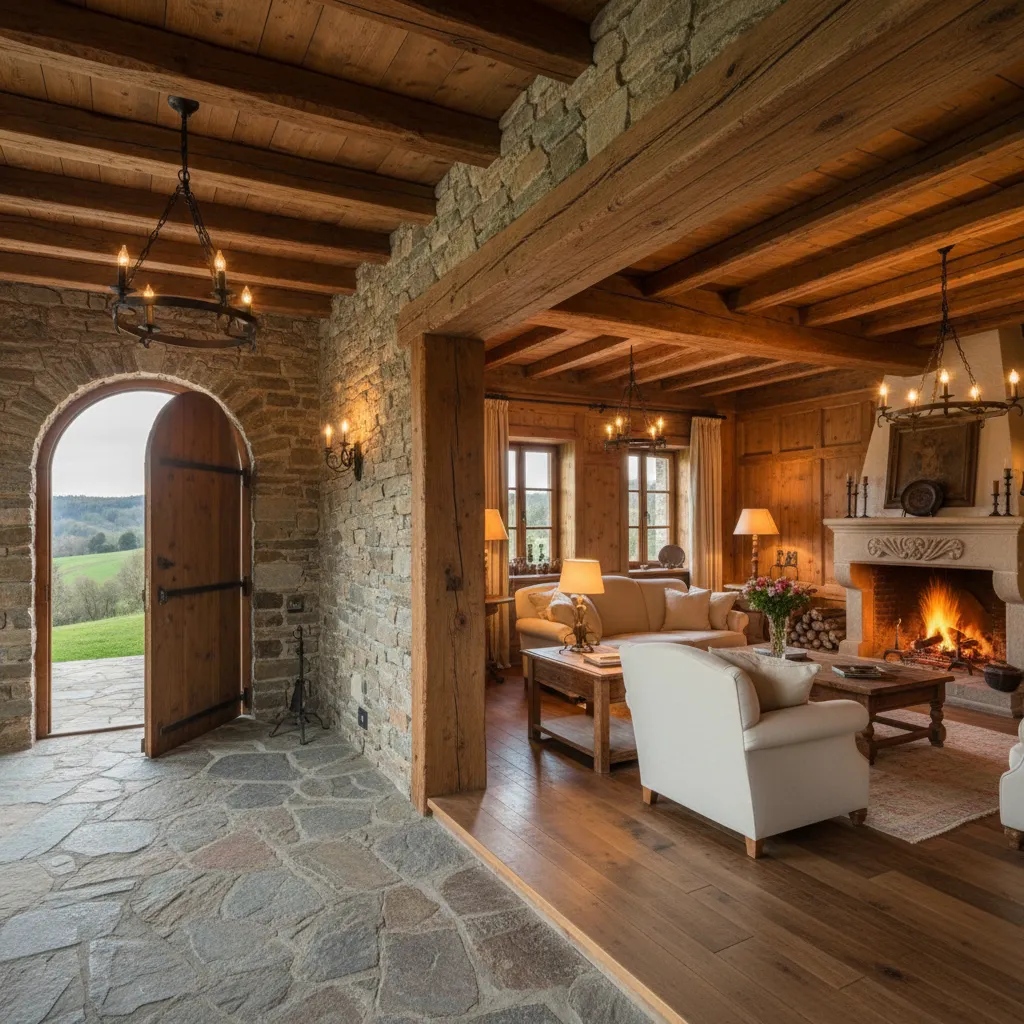 Rustic stone entryway with arched wooden door leading to living room featuring fireplace and white sofas