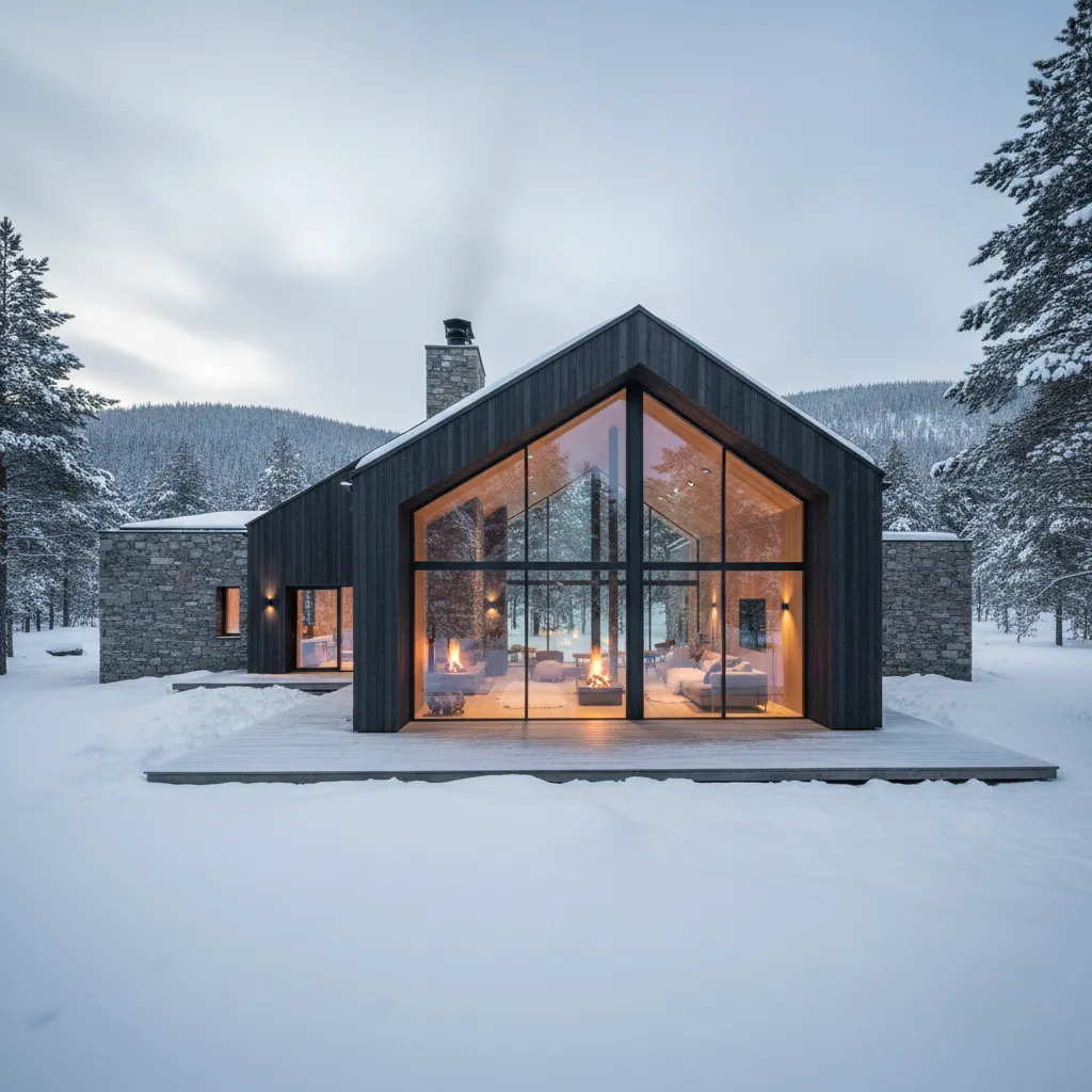 Modern black wood house in snow with large windows showing warm living room and fireplace
